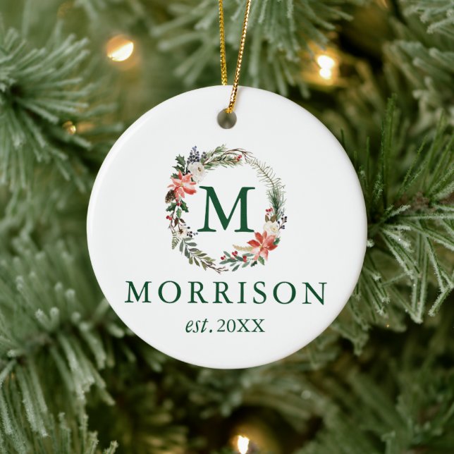 Monogram Vattenfärg Vinter Blommig Krans Nygift Julgransprydnad Keramik (Träd)