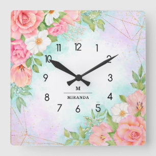 Monogram vattenfärgad Blommigt Grey Rosa Geometri Fyrkantig Klocka