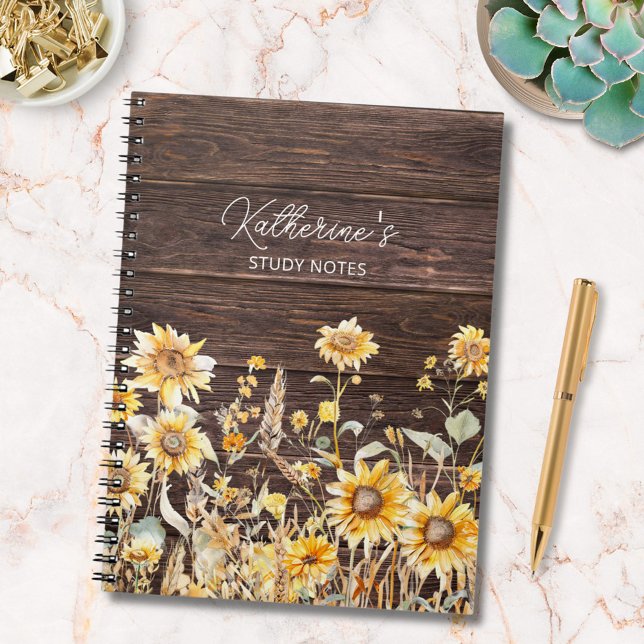 Monogram vattenfärgad Gult Solros Fält Wood Anteckningsbok (In situ)