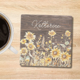 Monogram vattenfärgad Gult Solros Fält Wood Stenunderlägg