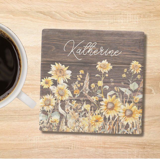 Monogram vattenfärgad Gult Solros Fält Wood Stenunderlägg (In situ)