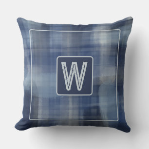 Monogram vattenfärgad marinblå grått-tartan kudde