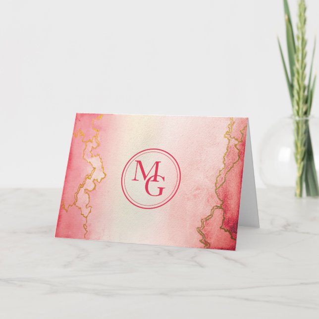 Monogram Vattenfärgen Rosa Red Ombre Guld Vine Tack Kort (Framsida)