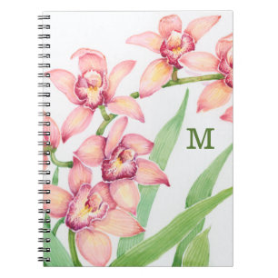 Monogram Vattenfärgning Rosa Flowers Anteckningsbok Med Spiral