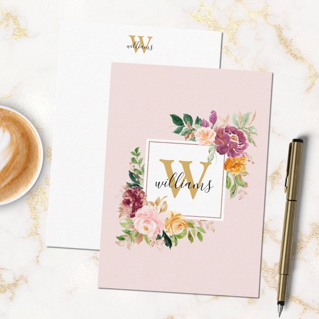 Monogram Vattenfärgrosor Guld Blomma Blommig Anteckningskort (In situ)