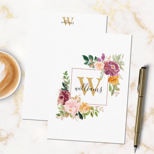 Monogram Vattenfärgrosor Guld Blomma Blommig Anteckningskort (In situ)