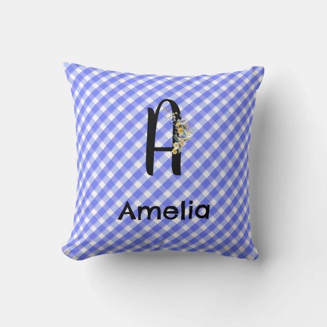 Monogram vattenfärgsblomma gingham blue mönster kudde (Framsida)