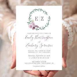 Monogram Vattenfärgsfärgad Lila Blommigt Utandning Inbjudningar