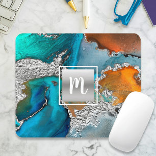 Monogram vattenfärgsmarmor silver turkos orange musmatta