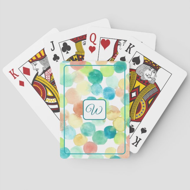 Monogram Vattenfärgspunkter i Orange och Turkos Casinokort (Baksidan)