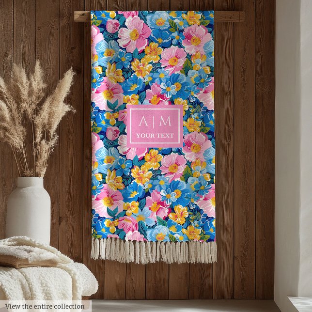 Monogram vattenfärgssubfärg, blomsterpresent fleecefilt (Monogram hot pink watercolor preppy flowers gift Fleece Blanket )