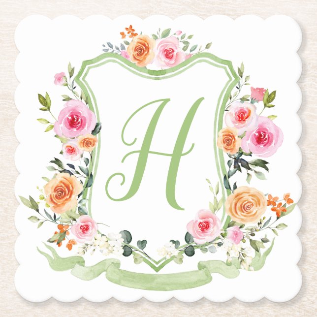 Monogram vattenfärgsVapensköld, Blommigt, Rosa Grö Underlägg Papper (Framsida)