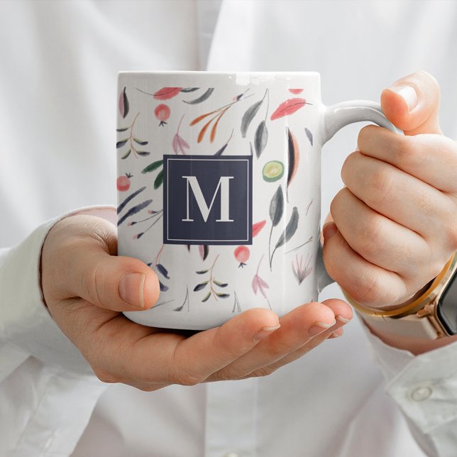 Monogram Vegan Watercolor Blommigt Botanical Kaffemugg (Skapare uppladdad)