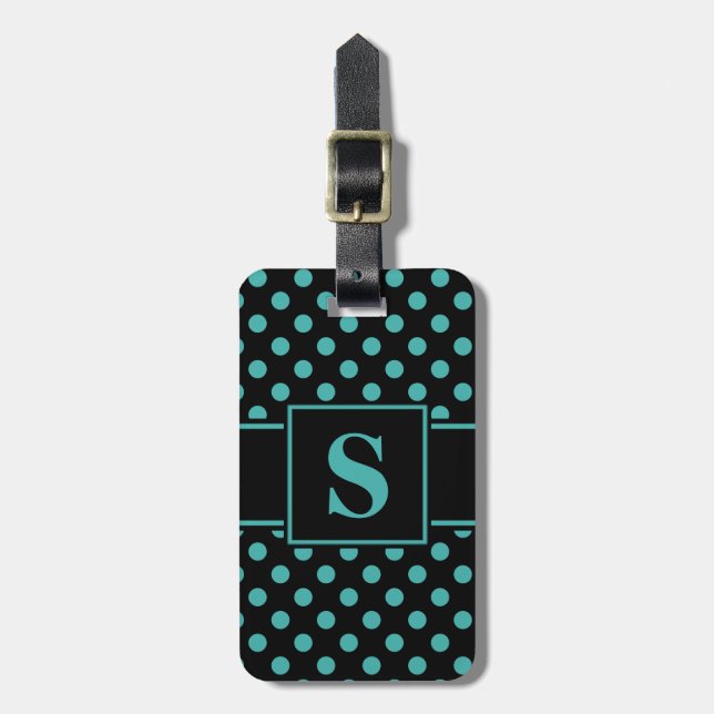 Monogram Verdigrisgrön på svart prickmönster Bagagebricka (Vertikal Framsida)