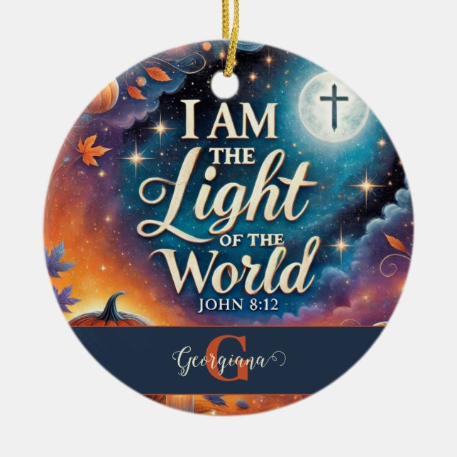 Monogram Vibrant Christian Halloween Bible Verse Julgransprydnad Keramik (Framsidan)