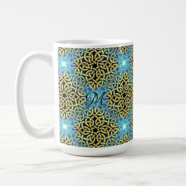 Monogram Victorian Golden Trim Aqua Background Kaffemugg (Vänster)