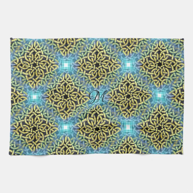 Monogram Victorian Golden Trim Aqua Background Kökshandduk (Horisontell)