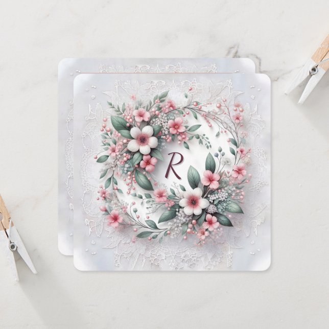 Monogram vid utandning av Blommigt i Elegant bröll Inbjudningar (Fram/Back In Situ)
