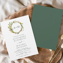 Monogram Vildblommor Smaragdgröna Bröllopsinbjudan Inbjudningar