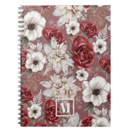 Monogram vinbärsröd rosa blommönster anteckningsbok