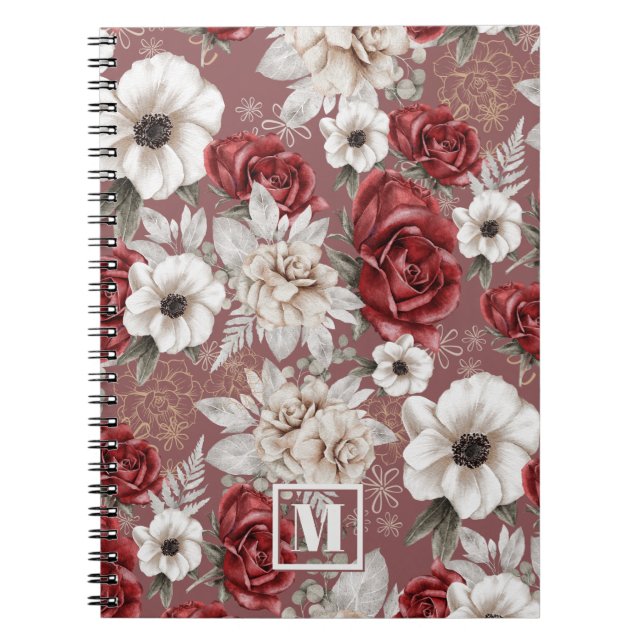 Monogram vinbärsröd rosa blommönster anteckningsbok (Framsidan)