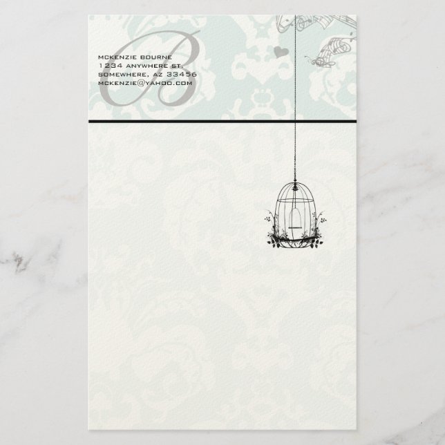 Monogram Vintage Bird Cage Stationery Brevpapper (Framsida)