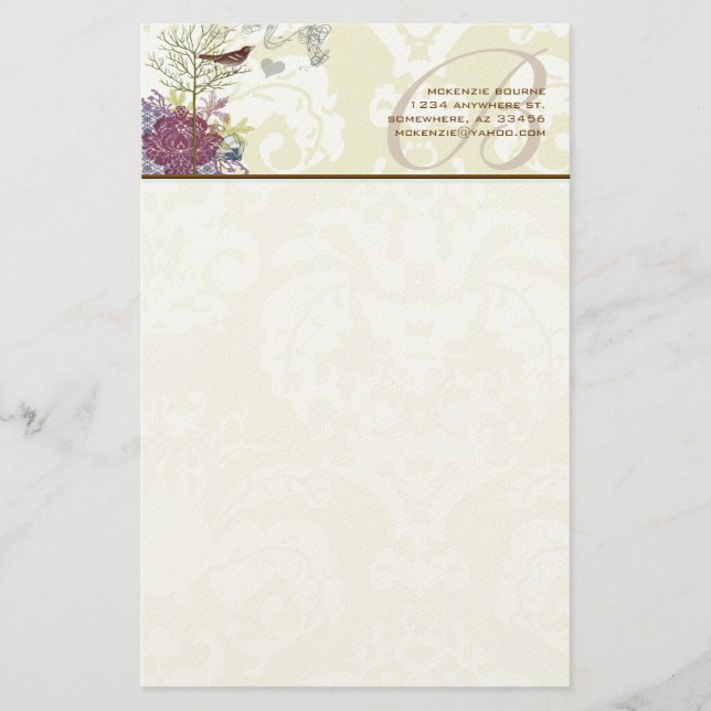 Monogram Vintage Bird Musical Damask Stationery Brevpapper (Framsida)
