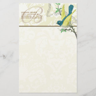 Monogram Vintage Bird Musical Gren Stationery Brevpapper