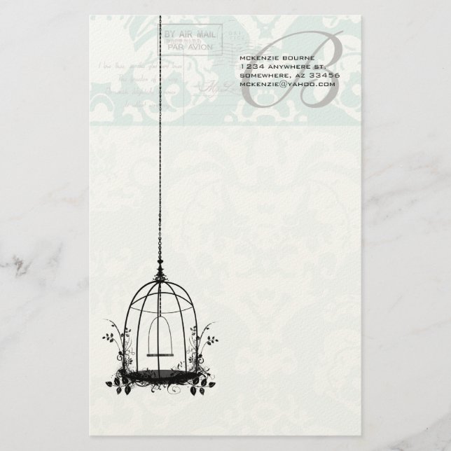 Monogram Vintage Birdcage Pastel Blue Blommigt Brevpapper (Framsida)
