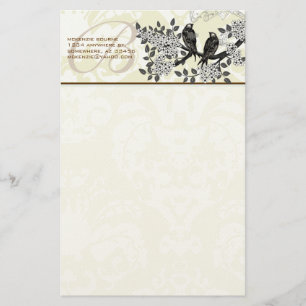 Monogram Vintage Birds Blommar Gren Stationery Brevpapper