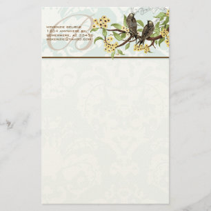 Monogram Vintage Birds Gula blommor Stationery Brevpapper