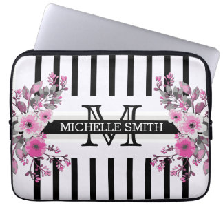 Monogram Vintage Blommig Svarta Ränder Laptop Fodral