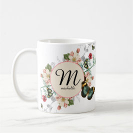 Monogram Vintage Blommigt Botanicals Vit Anpassnin Kaffemugg