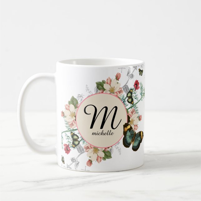 Monogram Vintage Blommigt Botanicals Vit Anpassnin Kaffemugg (Vänster)