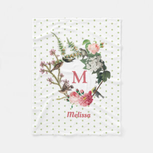 Monogram Vintage Blommigt och Polka dots för fågel Fleecefilt