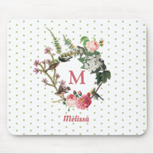 Monogram Vintage Blommigt och Polka dots för fågel Musmatta