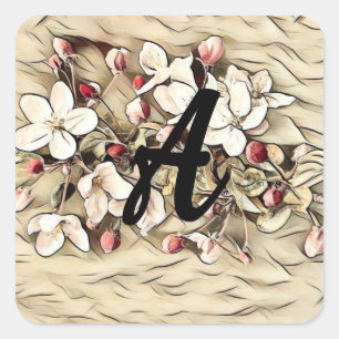 Monogram Vintage brun körsbär blommar teckning Fyrkantigt Klistermärke