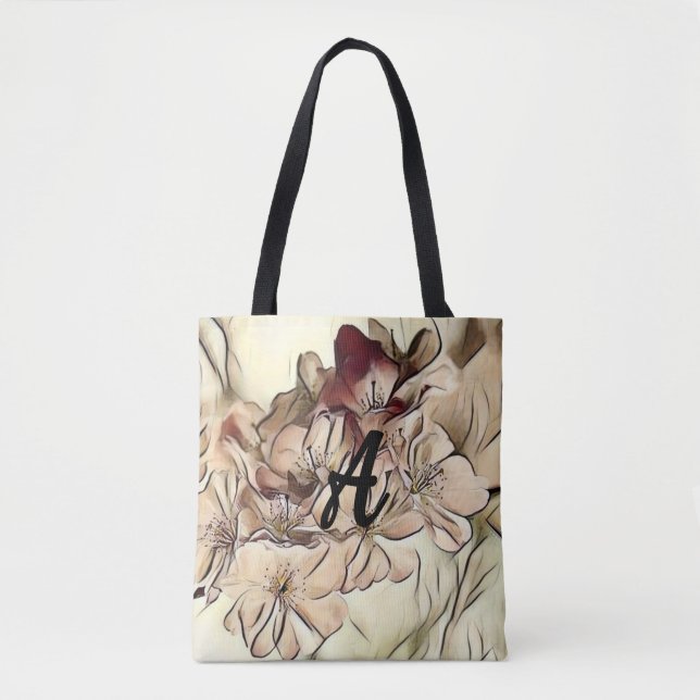 Monogram Vintage brun körsbär blommar teckning Tygkasse (Framsida)