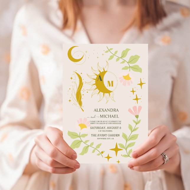 Monogram Vintage Celestial Botanisk Bröllopsinbjud Inbjudningar (Skapare uppladdad)