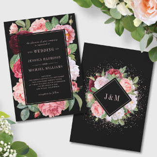 Monogram Vintage Elegant Blommigt Ro Black Bröllop Inbjudningar