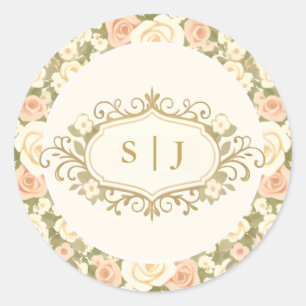 Monogram Vintage Elfenbensvit Bröllop Runt Klistermärke