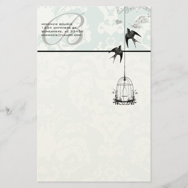 Monogram Vintage Fågelbur med fågellager Brevpapper (Framsida)
