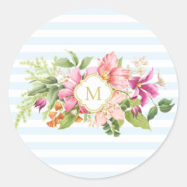 Monogram Vintage Flowers Rosa Blue Pastel Stickers Runt Klistermärke
