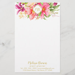 Monogram Vintage Flowers Rosa Lila Stationery Brevpapper
