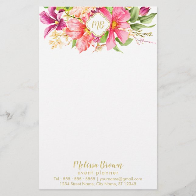 Monogram Vintage Flowers Rosa Lila Stationery Brevpapper (Framsida)