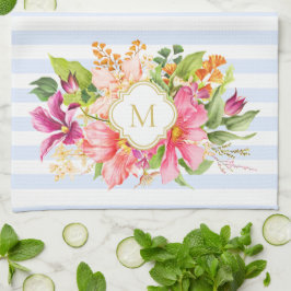 Monogram Vintage Flowers Rosa Pastel Blue Rand Kökshandduk