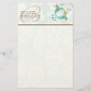 Monogram Vintage Hummingbird Gren Stationery Brevpapper