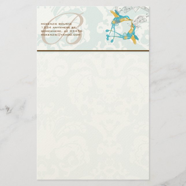Monogram Vintage Hummingbird Gren Stationery Brevpapper (Framsida)