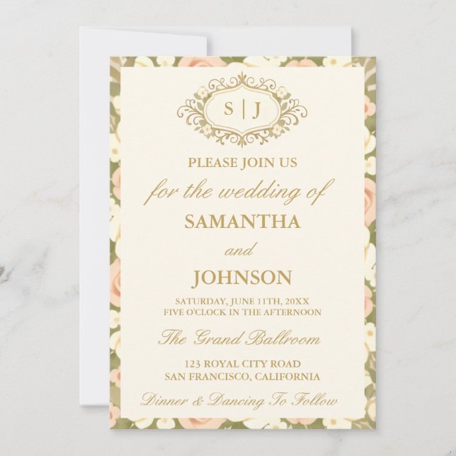 Monogram Vintage Ivory Photo Wedding Invitation Inbjudningar (Framsida)