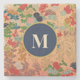 Monogram Vintage Japansk Blommig Konst Initial Gul Stenunderlägg